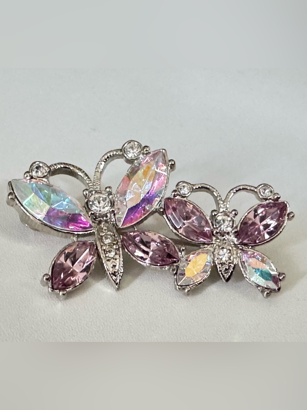 Avon Silver-Tone Double Butterfly Brooch Blue Purple Iridescent Stones Boxes EUC